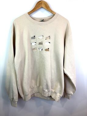 Beige Crewneck Sweater with Sheep Embroidery and gospel quote size XL